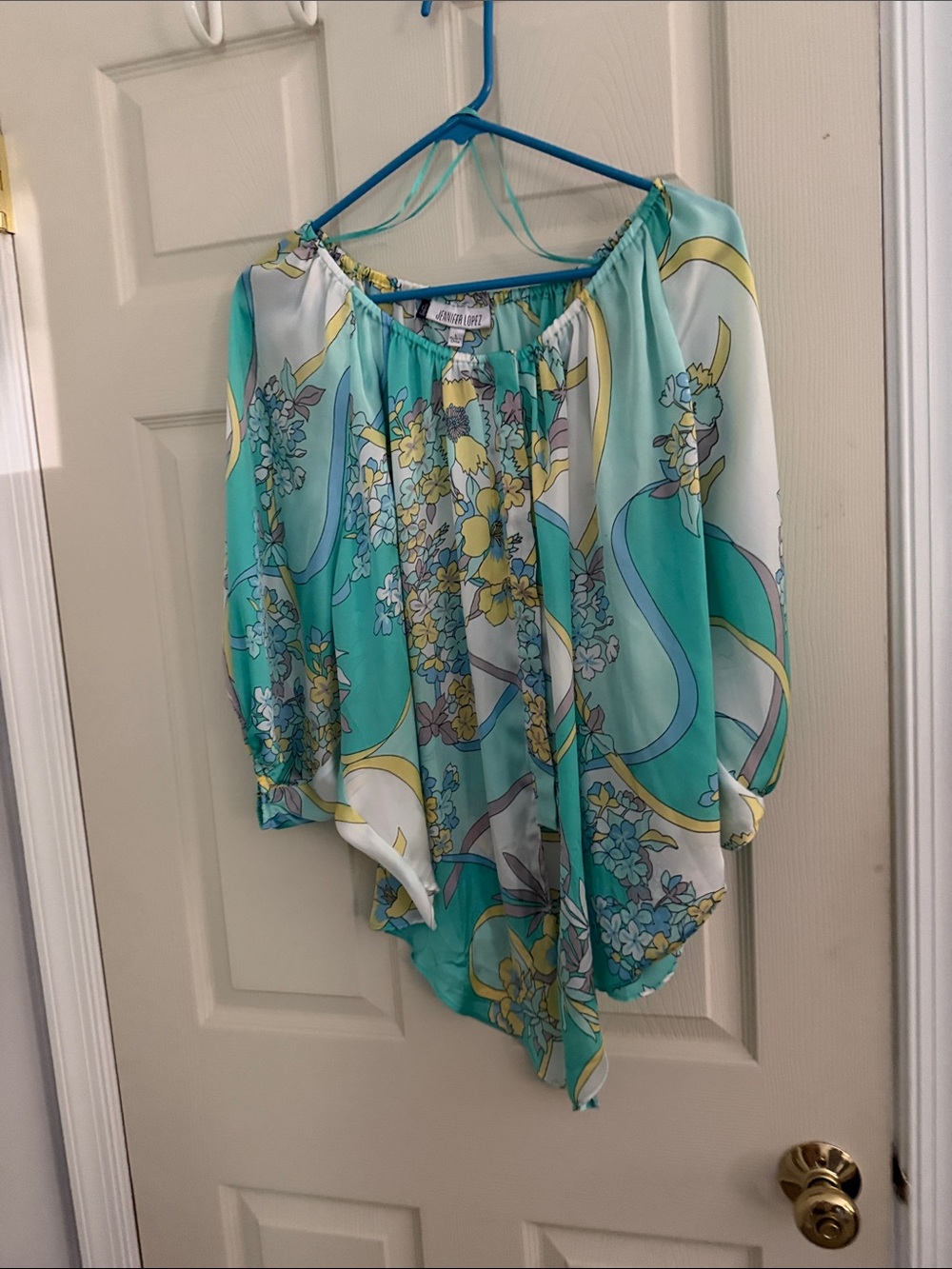 Jennifer Lopez Aqua, Teal and Yellow Floral Off-Shoulder Blouse